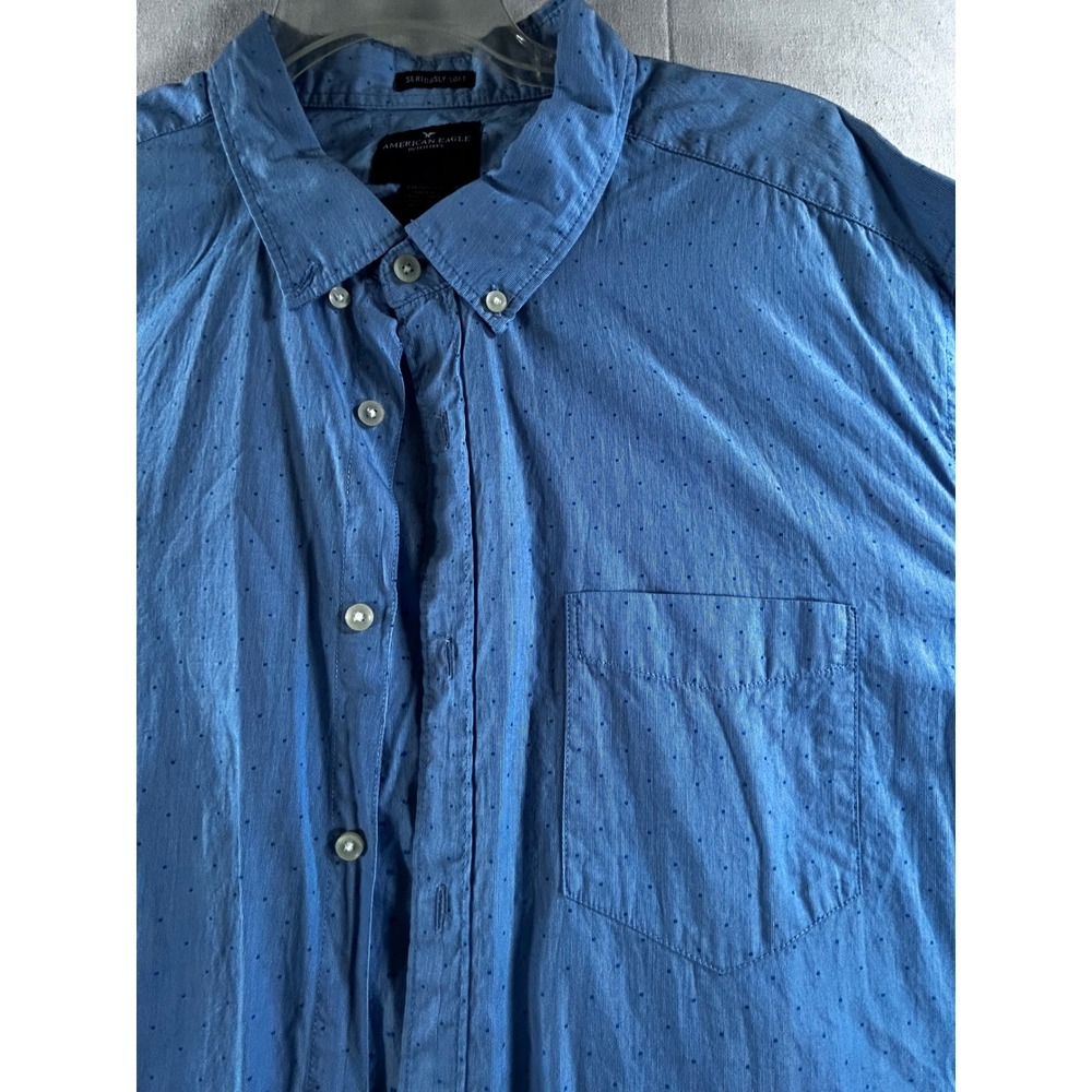 American Eagle Mens XXL Blue Seriously Soft Dot Button Down Shirt Long Sleeve - Picture 3 of 14